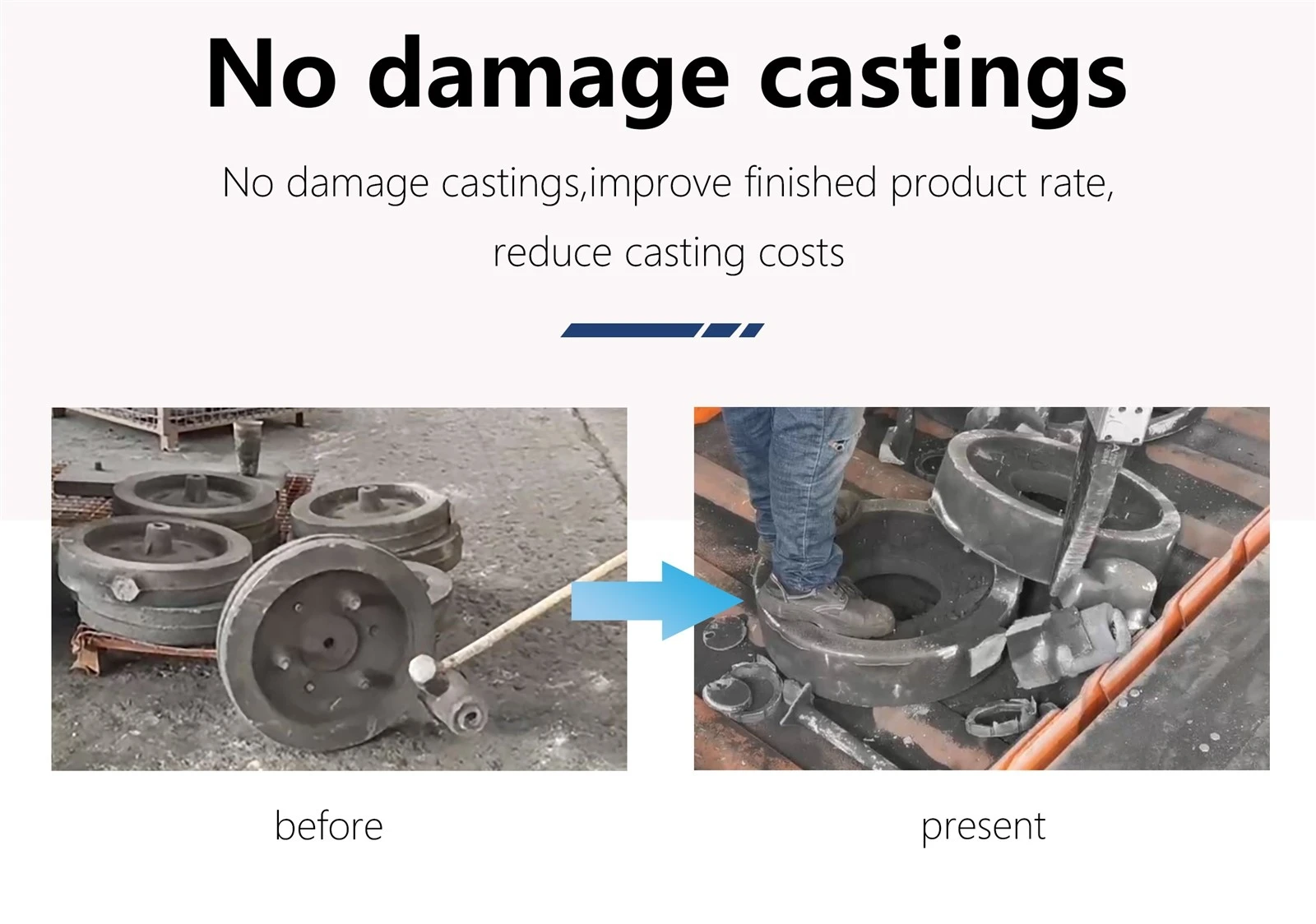Worker using ultra-light foundry separation pliers on small casting Worker using ultra-light foundry separation pliers on small casting